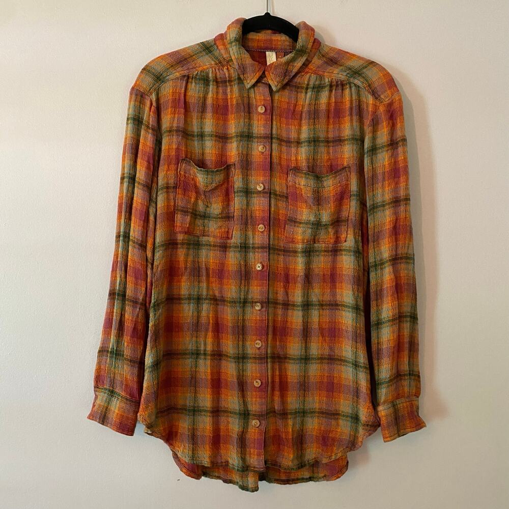 Pilcro Anthropologie Orange Green Plaid Flannel Button Down Shirt Boho Small